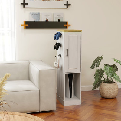 44,49 po Meuble audio-vidéo pour console de jeu, meuble de rangement multimédia avec 2 tiroirs intégrés et 3 crochets, console de jeu pour console PS5 et blanc antique