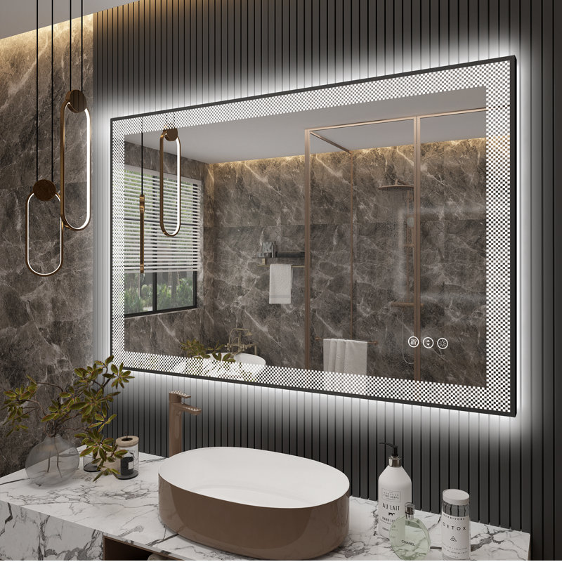Aevar Checkerboard Framed Super Bright Front & Back LED Lighted Anti-Fog Tempered Glass Bathroom/Vanity Mirror with ETL & 3-Year Warranty