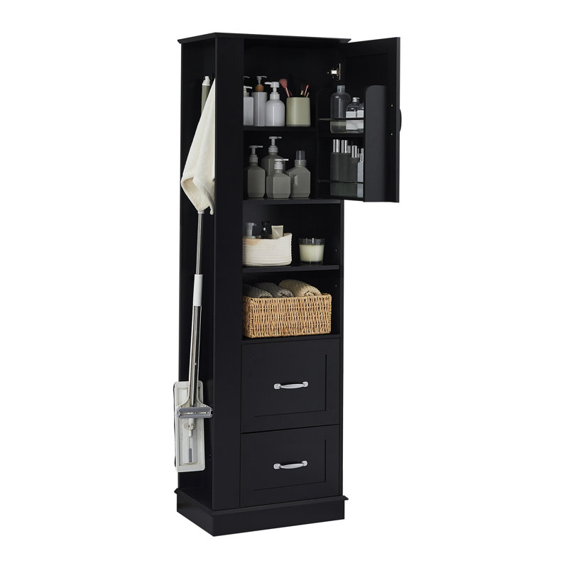 Grande armoire de rangement pour salle de bain, armoire de rangement autoportante avec crochet et tablette réglable, panneau de fibres à densité moyenne, noir, armoire de porte supérieure avec tablette intégrée et deux tiroirs inférieurs
