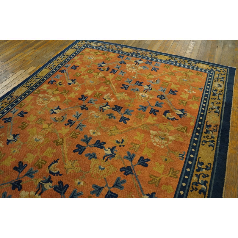 Square Geometric Antique Coral Color Late 18th Century Chinese Ningxia Rug