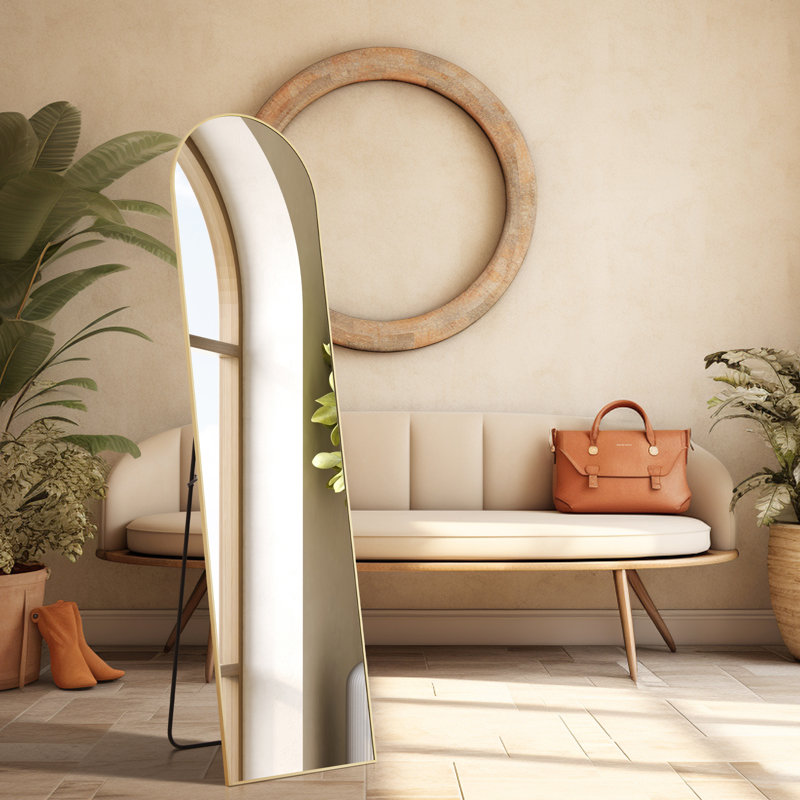 Arched Metal Oversized Full Length Mirrors Wall Mirrors with Stand, Gold, 56" x 21"