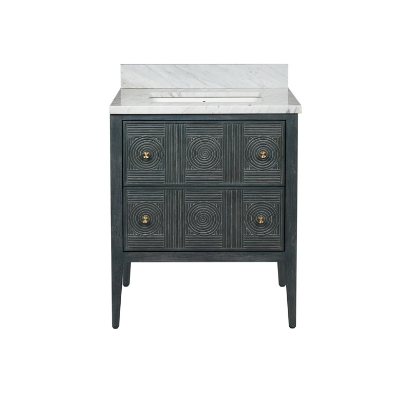 Santos 28" Center Single Bathroom Vanity with Vanity Top, Vintage Navy/Natural/Brushed Brass/Polished Nickel
