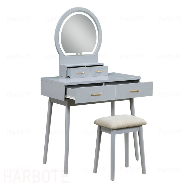 Magnifique meuble-lavabo avec miroir et tabouret de rangement, Gris