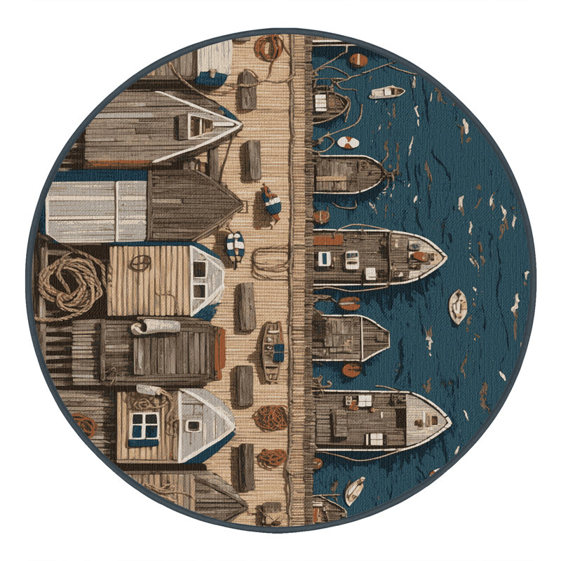 Washable Harbor Scene Coastal Area Rug, Round 7'