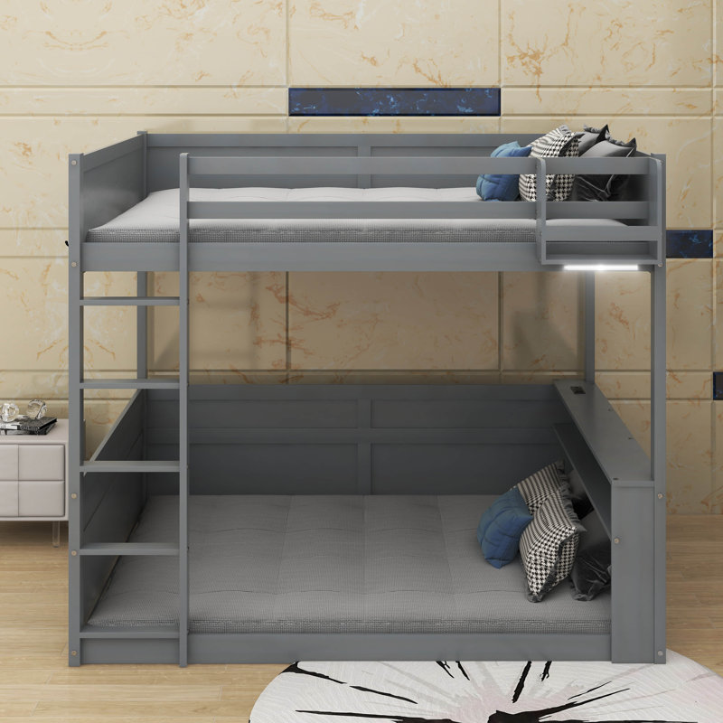 Queen Size Wooden Bunk Bed With Built-In Shelves, LED Light And USB Charging Station, Gray