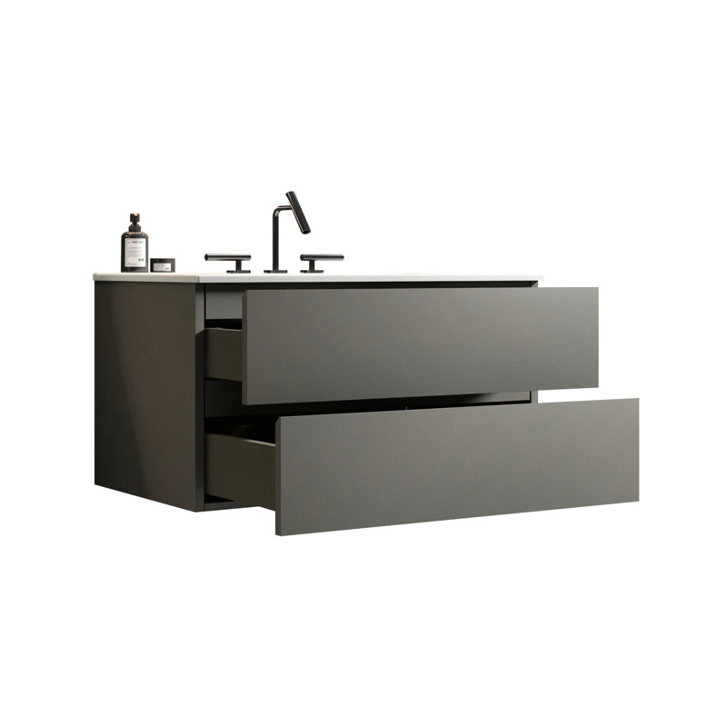 Poignées élégantes - Meuble-lavabo blanc + gris - Lavabo en céramique gris clair E1 pour plan de salle de bain moderne, armoire murale de 36 po de grande capacité avec tiroirs silencieux