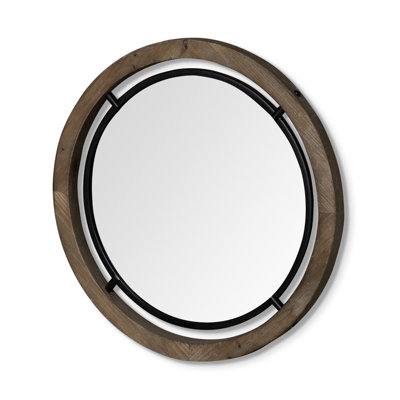 Elsmore Brown Wood And Black Metal Round Framed Accent Mirror
