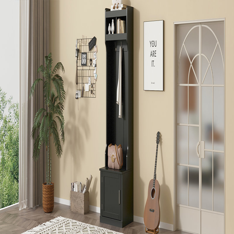 Versatile Multi-Functional Hallway Storage Cabinet With Hooks And Shelves, Black