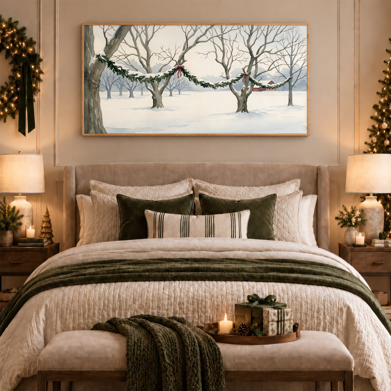 Toile enneigée, arbres avec guirlande verte et boucles rouges, L 58 po x H 28 po