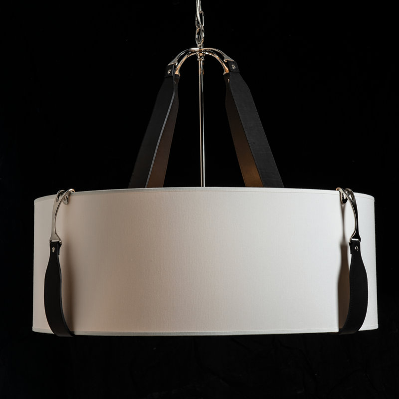 Luminaire suspendu tambour 4 lumières Saratoga, Abat-jour naturel Anna, Cuir noir, Nickel poli