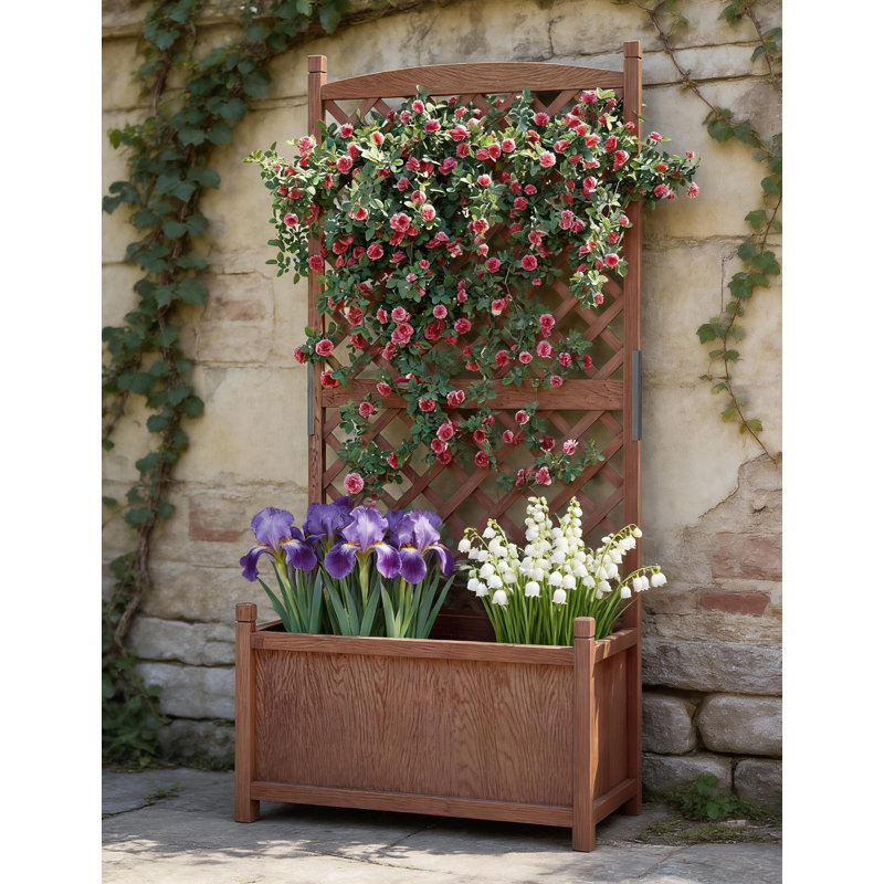 Wooden Planter Box, With Trellis, Locking Wheels And Drainage Holes, 10.53" H x 44.07" W x 17.16" D