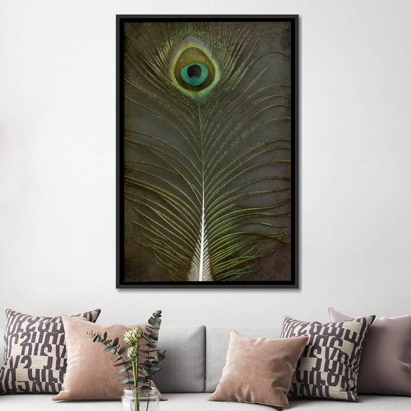 «Peacock Feather II», reproduction sur toile, H 26 po x l 18 po x P 1,5 po, Toile avec cadre noir, Pas de tapis