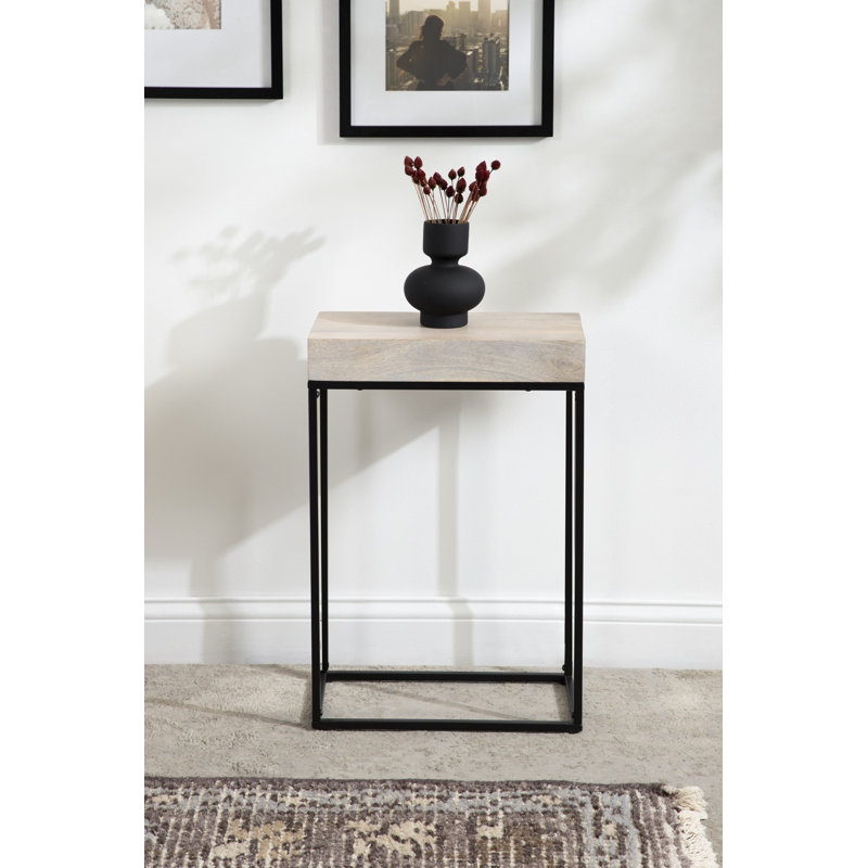 Cronus Solid Wood Top End Table, White Wash, Black