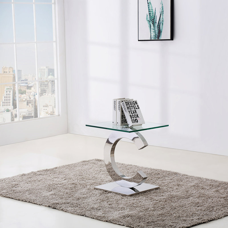 Elvia Glass Top Abstract End Table, Silver