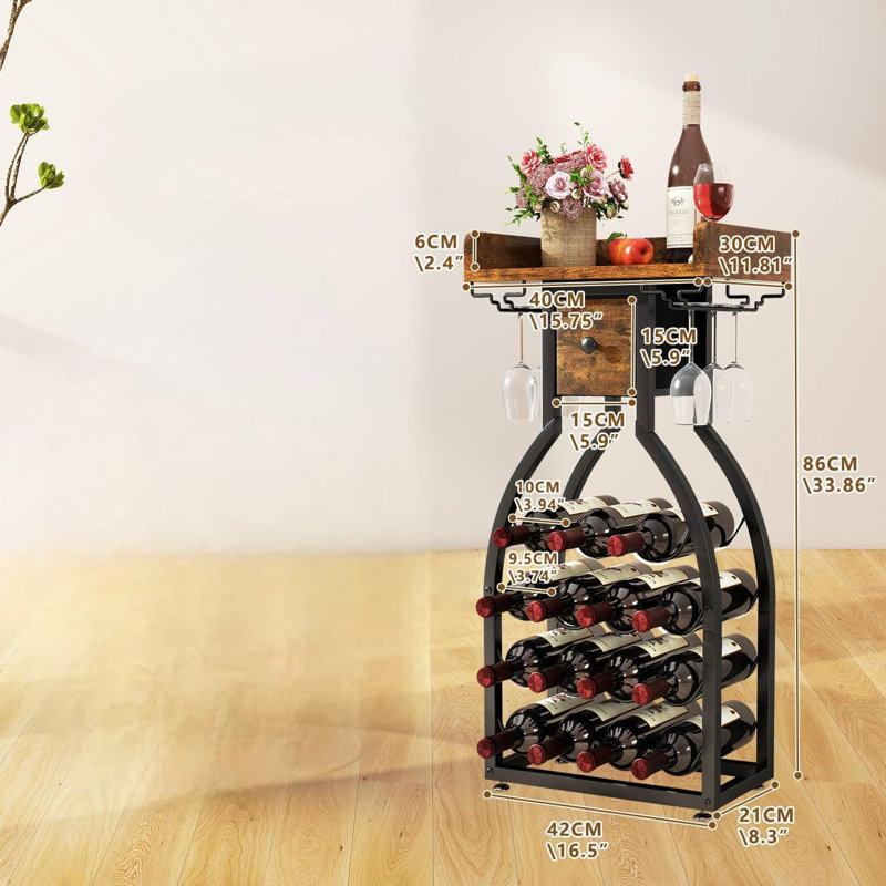 Support à vin autoportant avec tiroir de rangement et porte-verres, armoire à vin au sol d'une capacité de 15 bouteilles pour le bar, la cuisine et la salle à manger