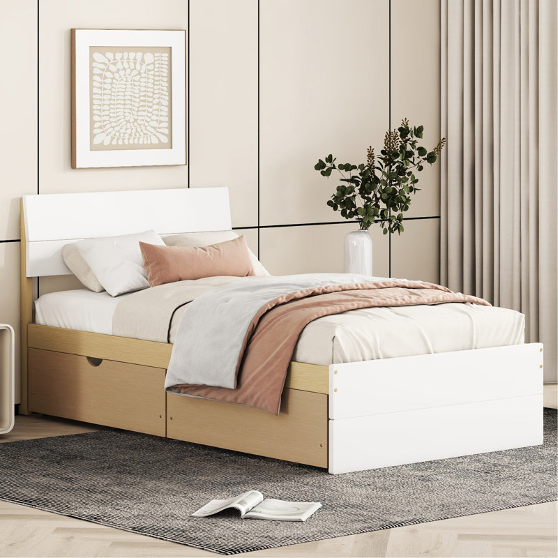 Twin Bed With 2 Drawer Accessories For A Peaceful Sleep, White Gloss And Oak Elegant Functional Storage - High &, White/Oak