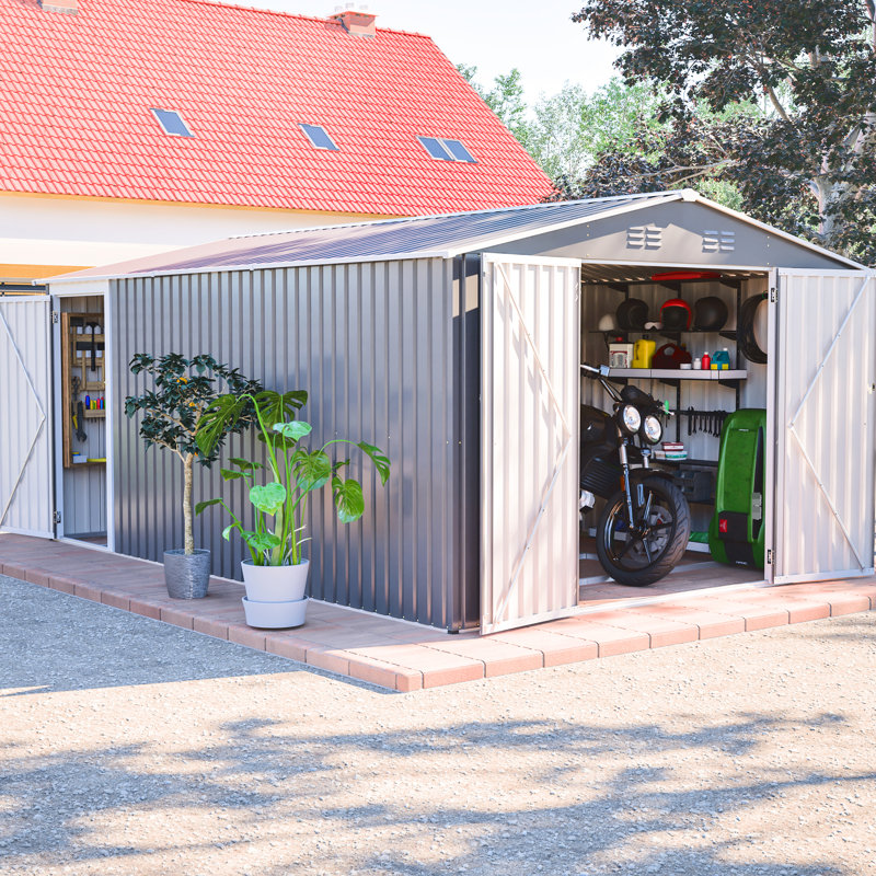 Remise à outils de jardin en métal 10 x 14 pi, rangement avec portes verrouillables, bâtiment de jardin imperméable pour patio, gris, bâtiment pour animaux de compagnie, remise à charnière dans la cour arrière, circulation d'air à quatre évents