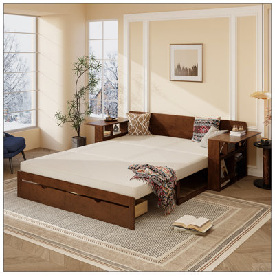 Grand lit de jour avec bureau amovible, tiroirs de rangement et table d'appoint hydraulique, espresso