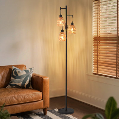 Lampe sur pied Farmhouse Boho, lampe sur pied à intensité variable de 70 po avec cage en rotin faite à la main