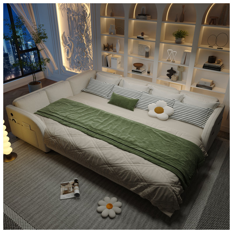 Canapé d'angle convertible de 293 cm (115,2 po) avec lit gigogne, revêtement en polaire sherpa, méridienne réversible, port USB et poche latérale, beige/blanc