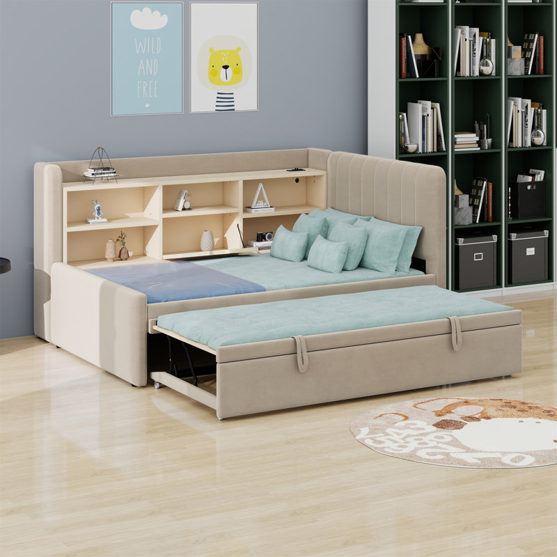 Upholstered Daybed With Trundle, Storage Shelves, USB & Outlet, Beige