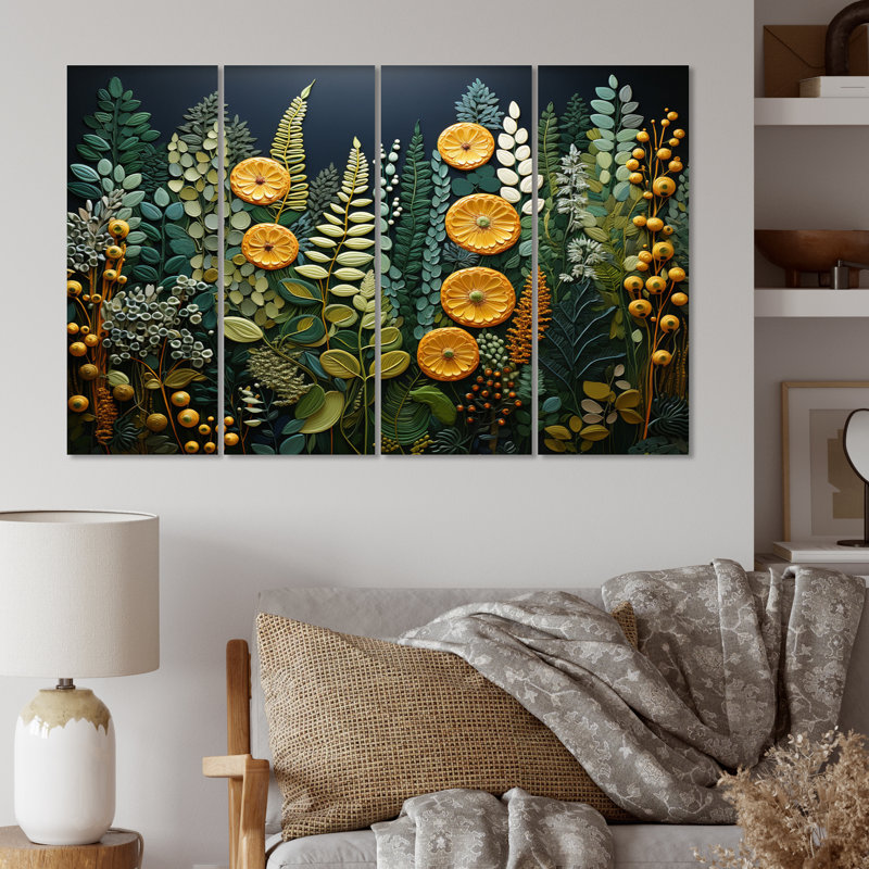 Tapisserie forêt de fougères jaunes - art mural floral salon - 4 panneaux