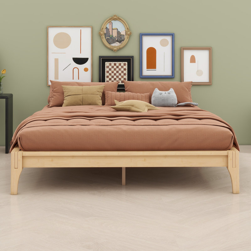 Base de lit plateforme en bois avec support à lattes, Naturel
