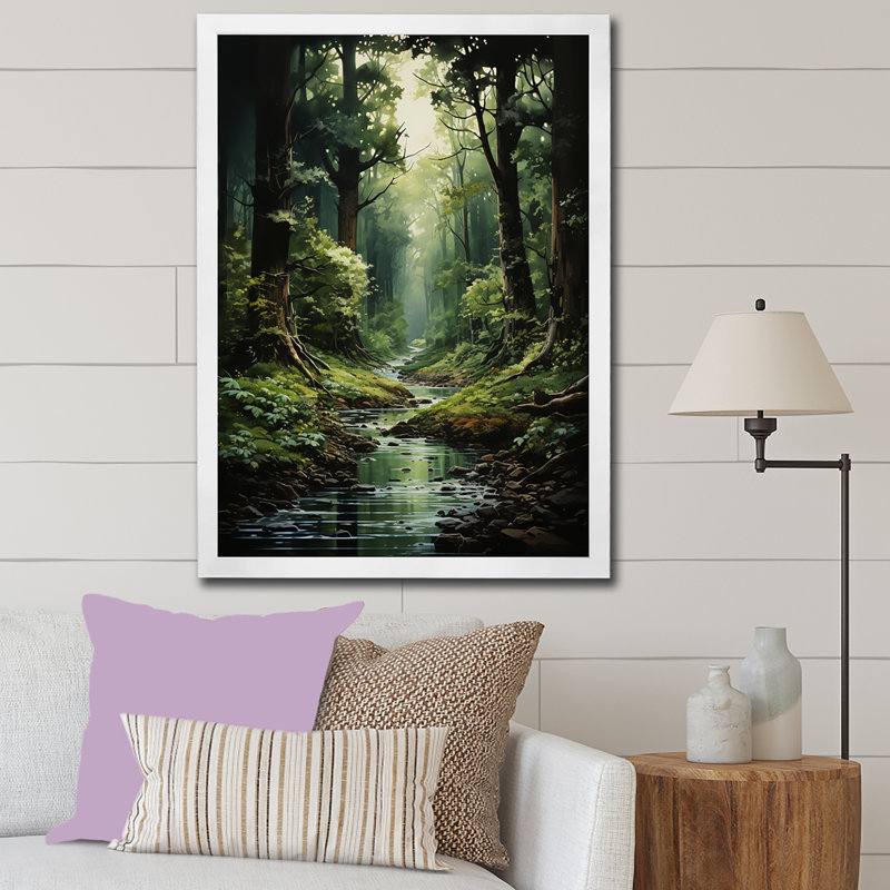 Rivière dans un bois enchanté I - forêt, art mural, H 32 po x l 24 po x P 1 po, Cadre simple blanc