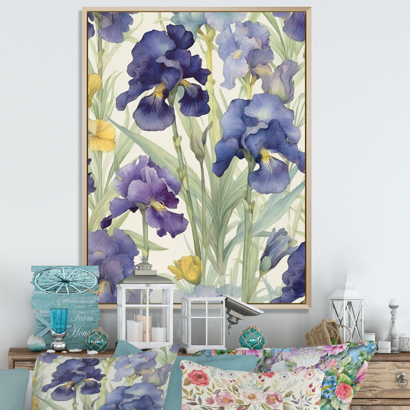 Impression mauve et verte d'Iris I sur toile, Cadre naturel flottant, H 32 po x l 24 po x P 1,5 po