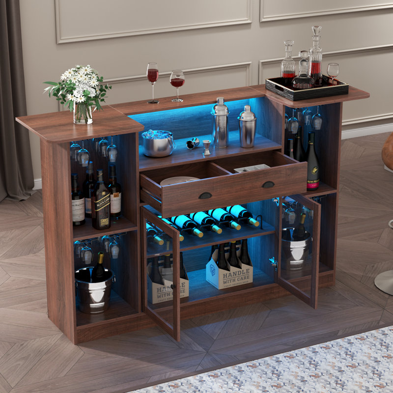 Kodeah 62.99'' Bar Table Cabinet with LED & Drawer, Mini Liquor Bar with 8-Tier Storage & Stemware Holder, Wine Alcohol Bar Stand with Glass Door & Adjustable Wine Rack, Crescent Shaped Counter for Home Pub