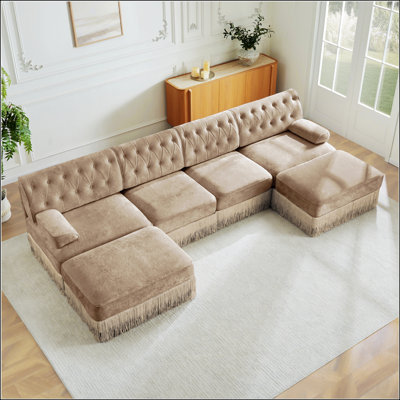 L-Shaped Velvet Chesterfield Sofa With Tassel Skirt, Slightly Curved Arms, And Premium Wooden Base For Easy Assembly And Versatile Use In Living Rooms