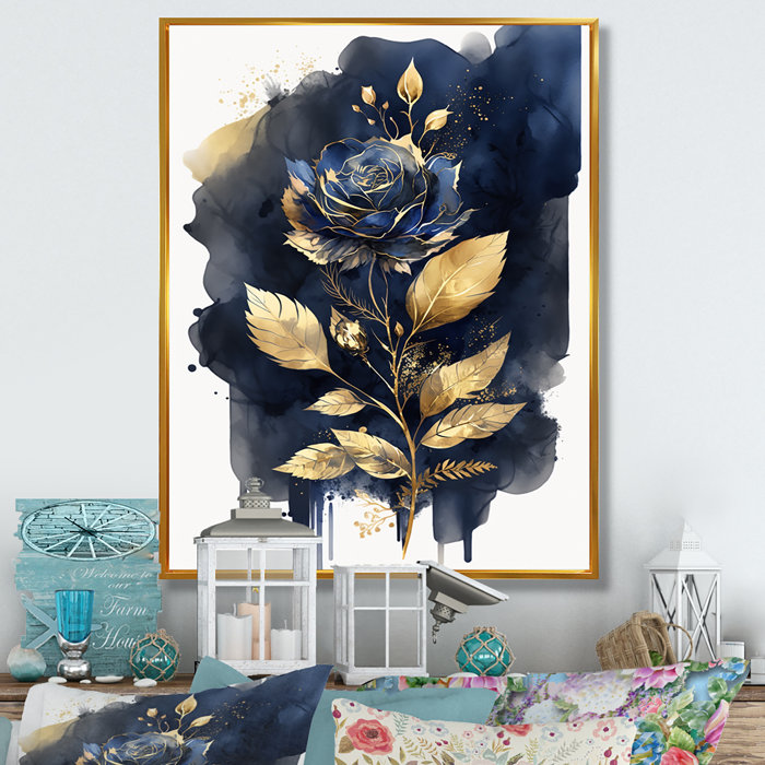 House of Hampton® Blue And Gold Painted Rose On White III On Canvas ...