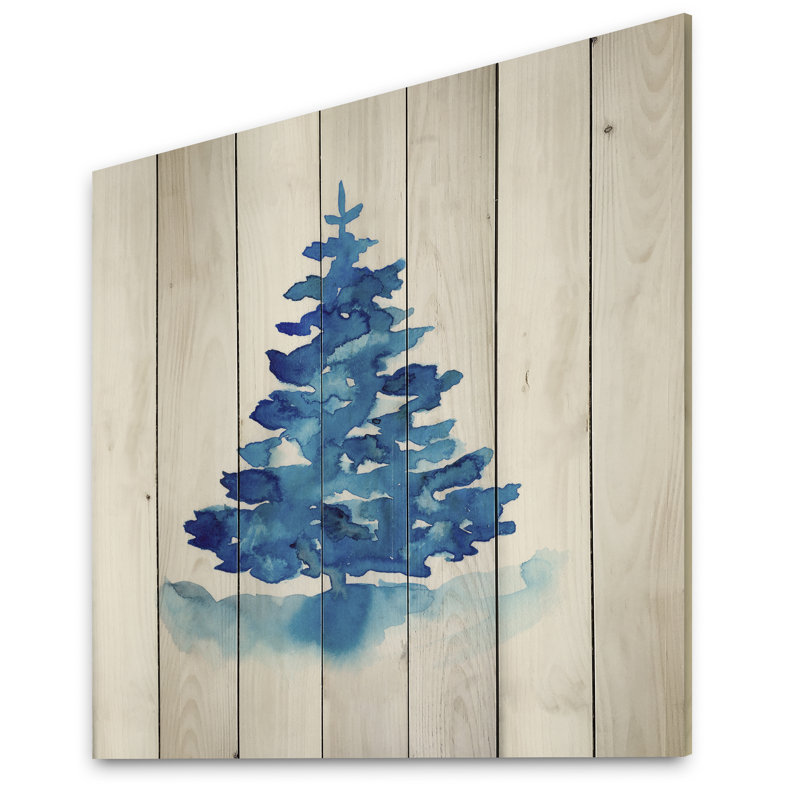 Blue Winter Christmas Tree I - Traditional Wood Wall Art - Natural Pine Wood, 16" H x 16" W x 1" D
