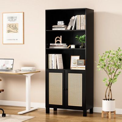 Bibliothèque noire à 5 niveaux avec portes, rangement polyvalent pour grandes tablettes, bureau et cuisine