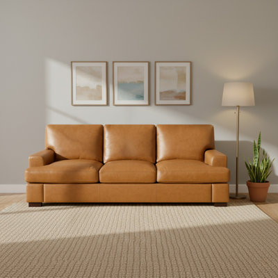 Modern Genuine Leather 3-Seater Sofa with Goose-Feather Comfort – Stylish, Comfortable Seating for Living Rooms and Office Lounges by Latitude Run