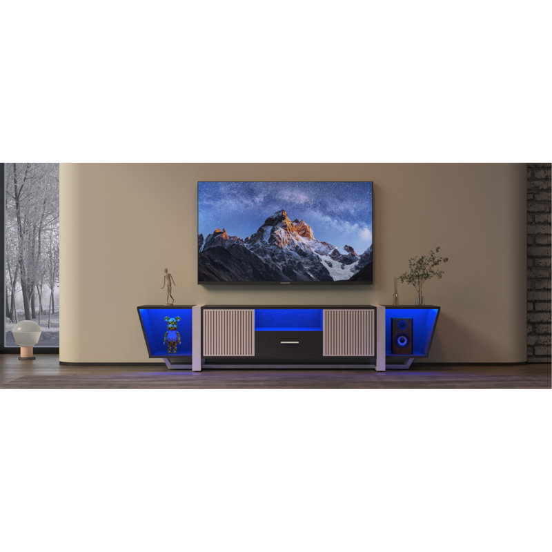 TV Console With Large Storage Cabinets, Biplane Shape Design LED TV Stand With Remote Control, Multiple Modes Changing Lights Modern Entertainment Centre With Power Cord