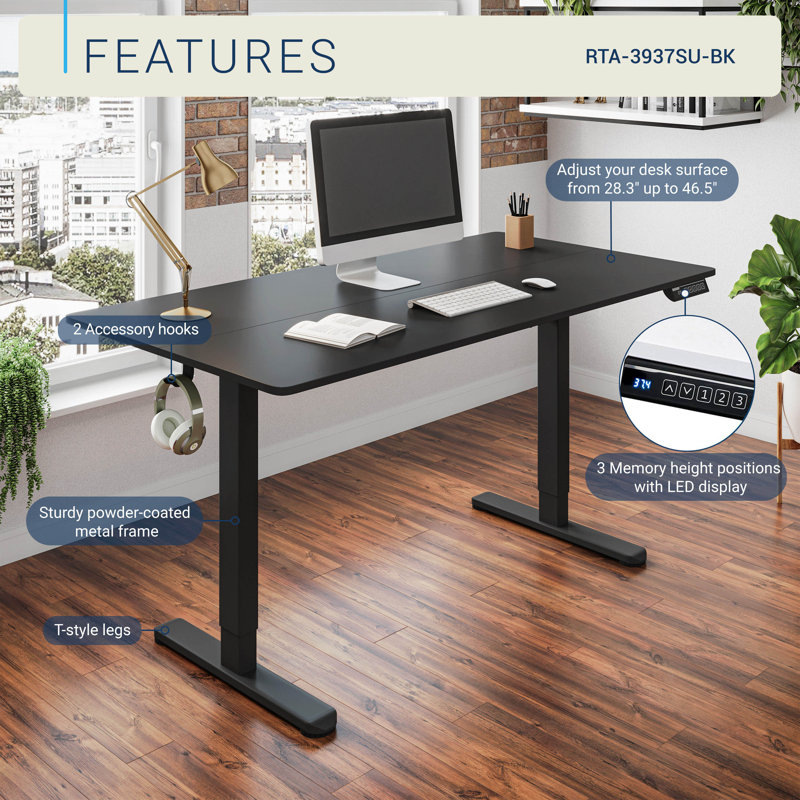 47.25” W Electric Standing Desk, Height Adjustable Sit-to-Stand Desk with 3 Memory Presets and Dual Accessory Hooks, Black