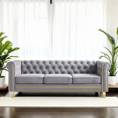 Chesterfield Velvet Sofa 84.65 inch for Living Room Light Grey Color
