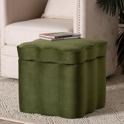 Baxton Studio Paulina Velvet Storage Ottoman - Lid Top Accent Stool with Interior Storage and Scalloped Outline for Bedroom or Living Room, Moss Green