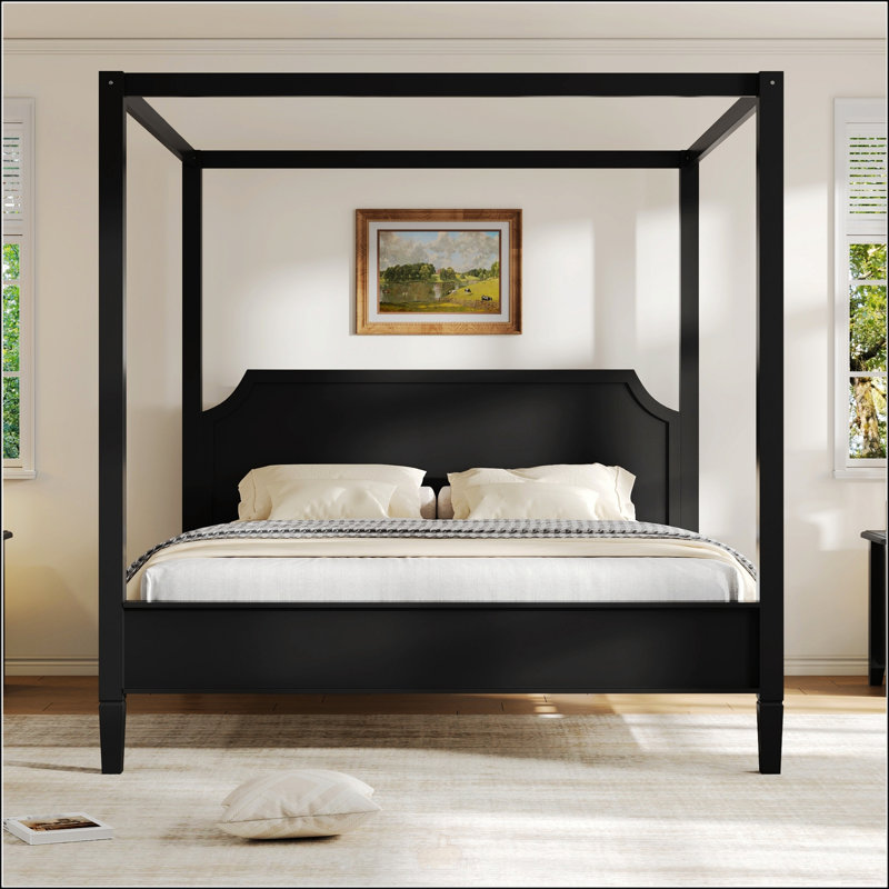 Queen Size Wooden Canopy Platform Bed With Headboard And Support Legs, Durable And Stylish For Modern Bedrooms, Noir