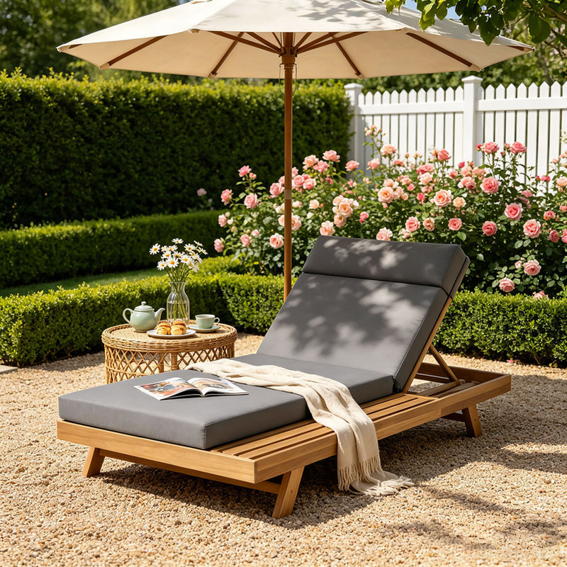 Lounge Chaise Set With Headrest, Space Available On One Side, Acacia Wood With Water-Resistant Lounge Cushions (3-Fold & 4 Inch)