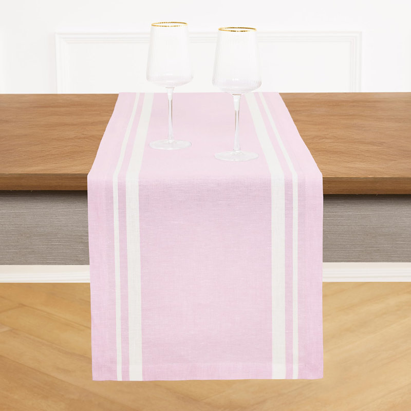 French Stripe - 100% Pure Linen Table Runner, 36" x 14", White/Dusty Pink