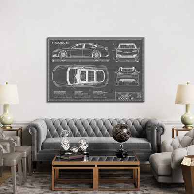 Tesla Model S (2016-2020) Black by Action Blueprints - Wrapped Canvas Graphic Art
