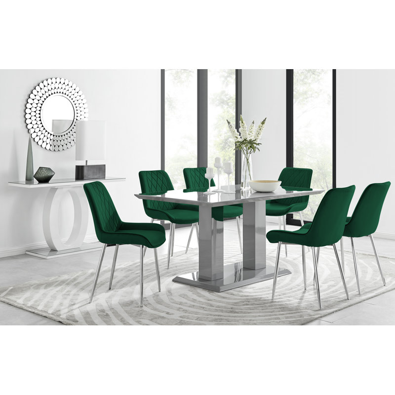 Eubanks High Gloss Double Pillar Dining Table Set with 6 Luxury Velvet Upholstered Dining Chairs, Gray, Green/Silver