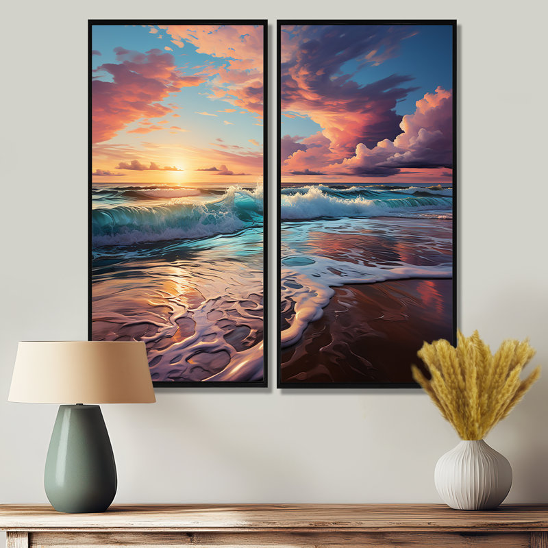 Coucher de soleil horizon II - art mural sur toile côtier 2 panneaux, H 32 po x l 32 po, Noir