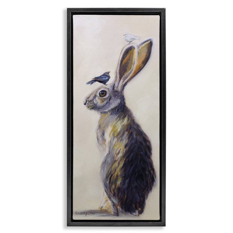 "Minimal Rabbit & Perched Birds", encadré noir sur toile flottante par Karen Weber, Cadre flottant noir de jais