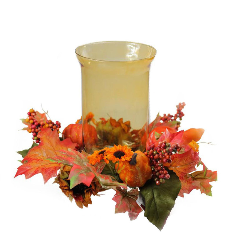 16" Orange and Red Sunflower with Pumpkin Fall Pillar Candle Holder