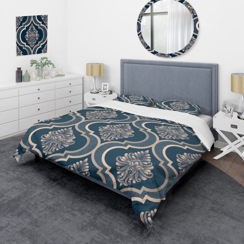 Ensemble de housse de couette en microfibre bleu / doré 3 pièces, Housse de couette pour très grand lit et 2 très