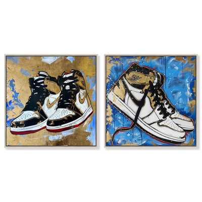 Gold Sky Sneakers Set Canvas Print Urban Sneaker Wall Art Set by Art Remedy, Silver Frame, 12 x 12