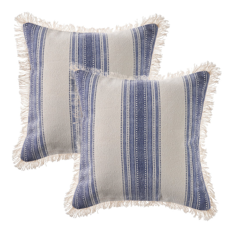 Navy and Ivory Striped Cotton Throw Pillow Set with Fringe